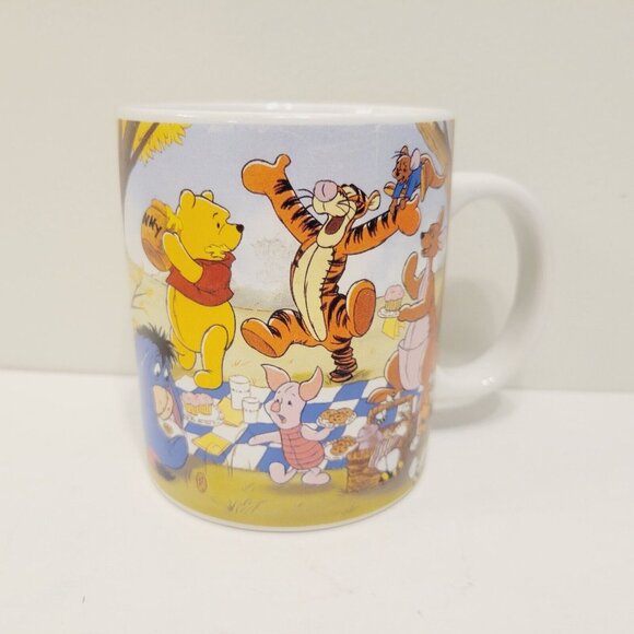 Vtg Disney Ceramic Coffee Cup Winnie Pooh Eeyore Rabbit Tigger Picnic 12OZ - Picture 2 of 6